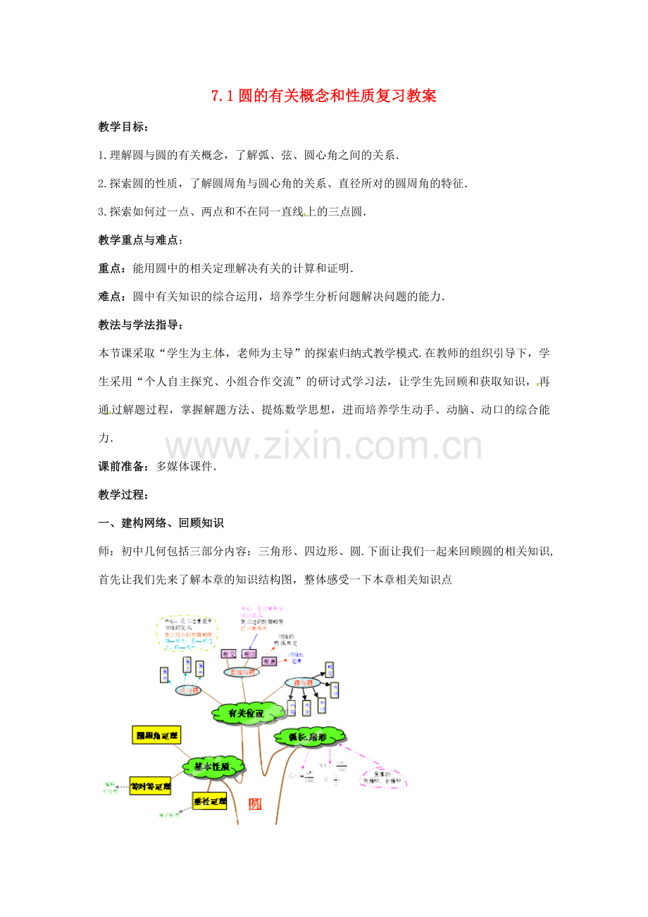 山东省枣庄市峄城区吴林街道中学九年级数学下册 7.1 圆的有关概念和性质复习教案 北师大版.doc_第1页