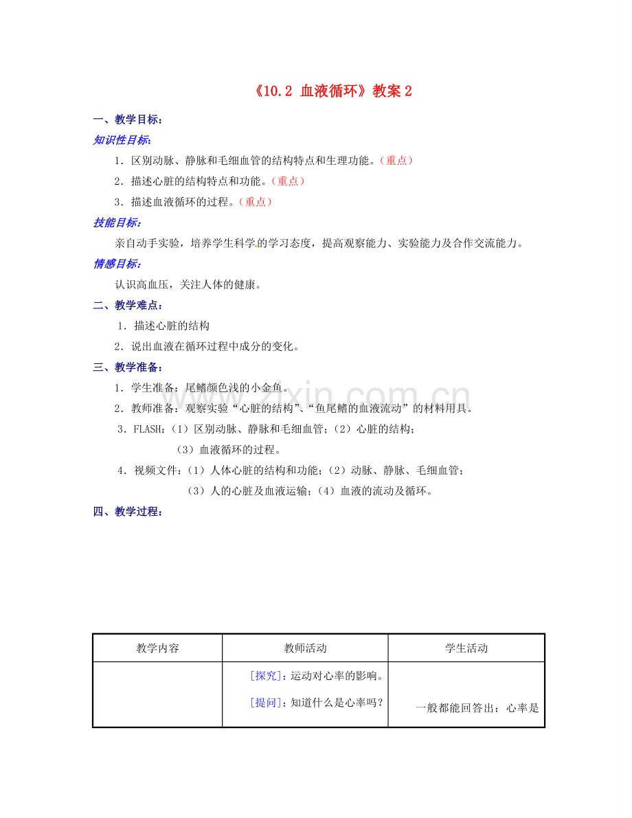 江苏省东台市唐洋镇中学七年级生物下册《10.2 血液循环》教案2 苏教版.doc_第1页