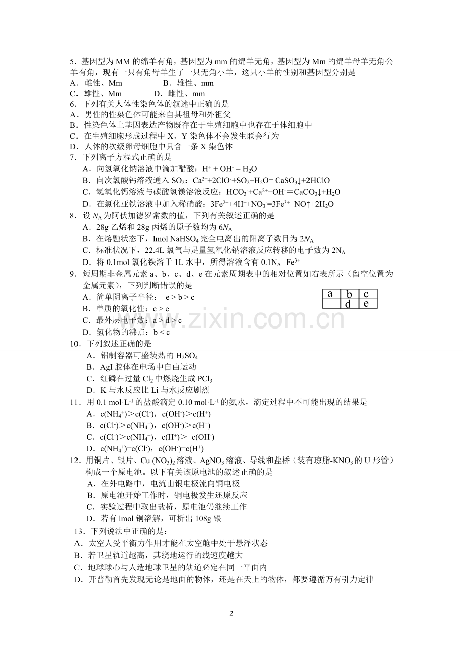 潮阳一中明光学校2012届高三上学期期中考试(理综).doc_第2页