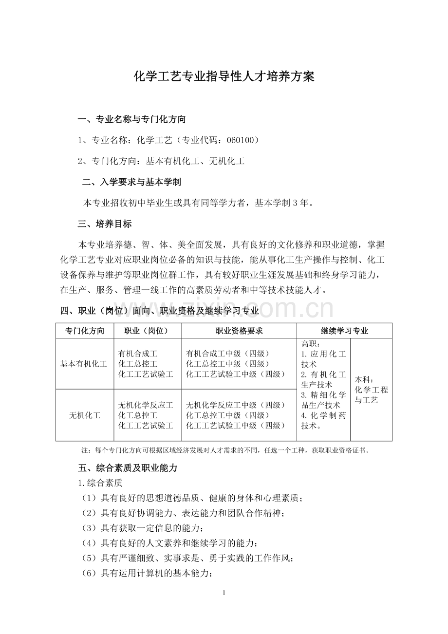 中等职业教育化学工艺专业指导性人才培养方案.doc_第1页