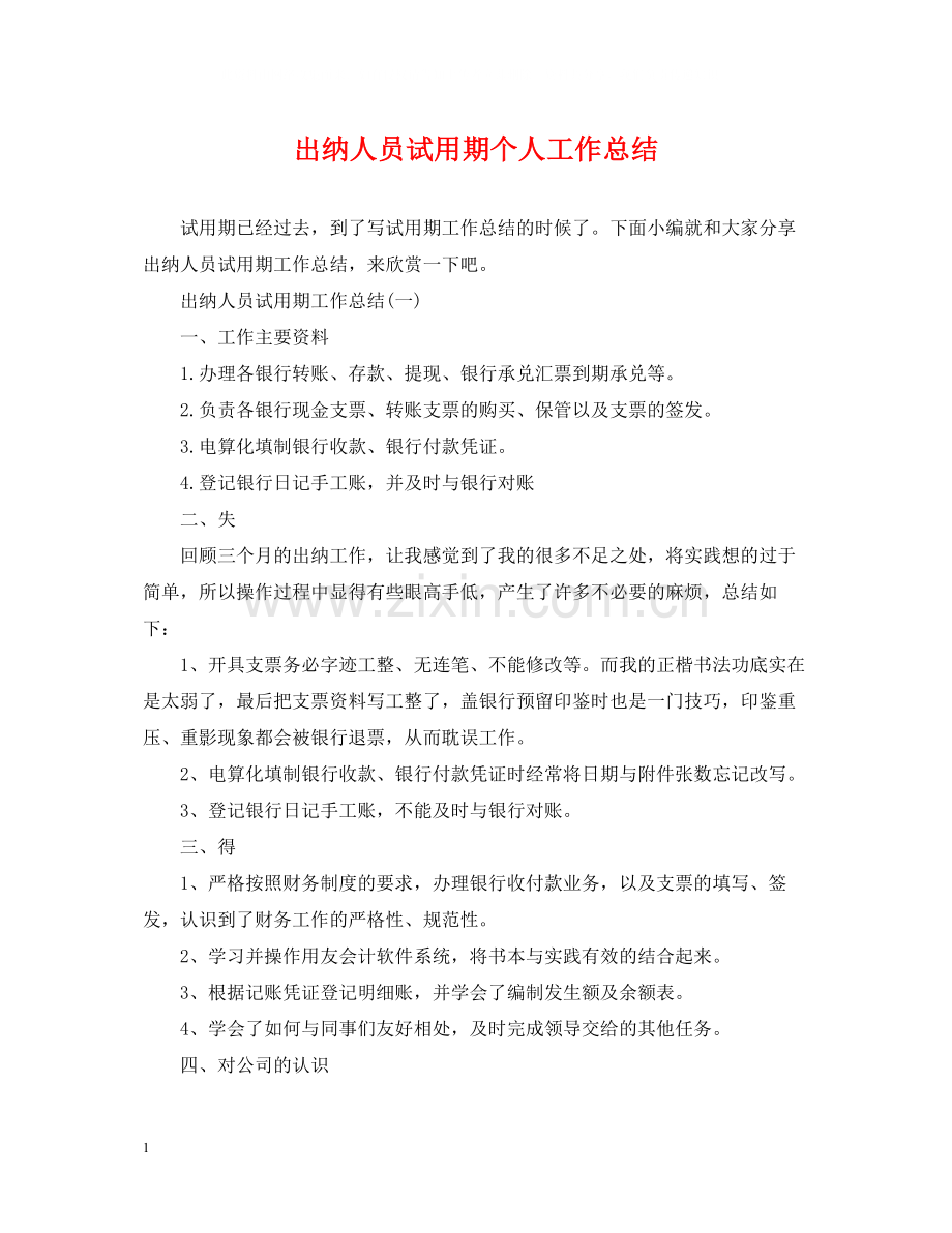 出纳人员试用期个人工作总结.docx_第1页