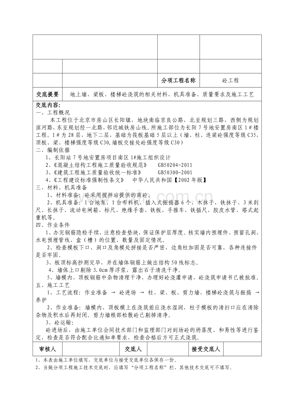 创杯工程-地上混凝土浇筑技术交底记录(DOC).doc_第1页