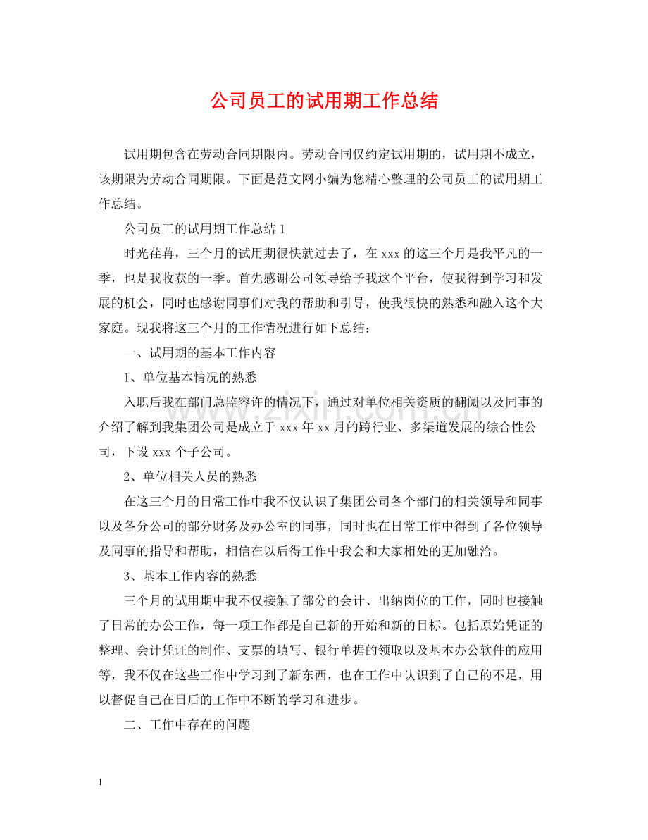 公司员工的试用期工作总结.docx_第1页