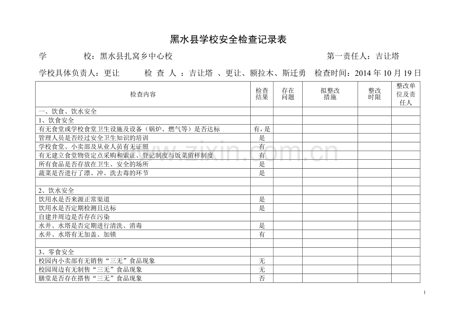 黑水县学校安全检查记录表(月报表).doc_第1页