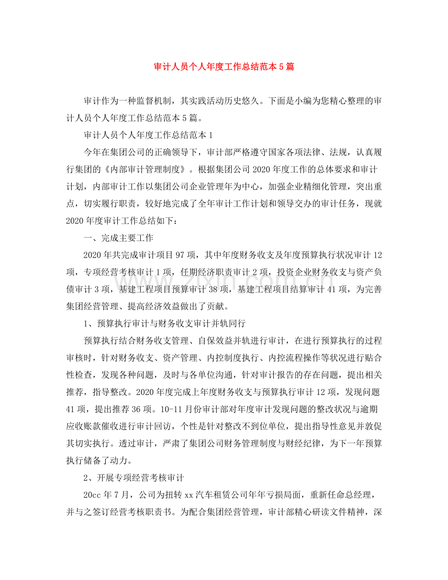 审计人员个人年度工作总结范本5篇.docx_第1页