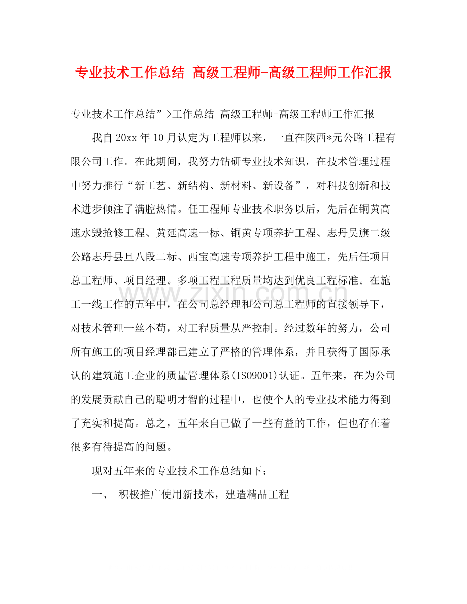 专业技术工作总结高级工程师高级工程师工作汇报.docx_第1页