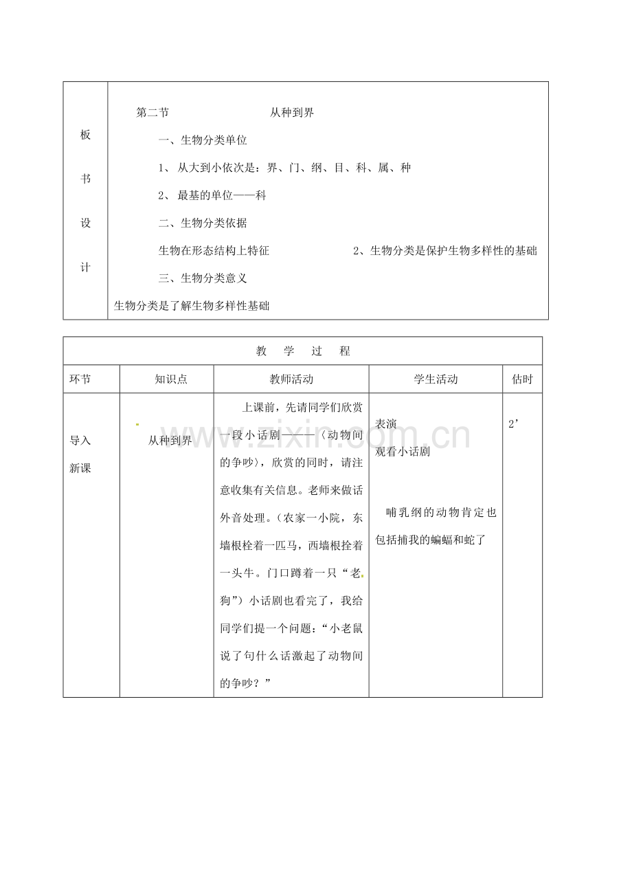 山东省临沭县第三初级中学八年级生物上册《从种到界》教案 人教新课标版.doc_第2页