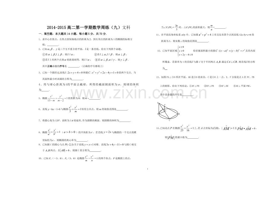 2014-2015高二第一学期数学周练(九)文科.doc_第1页
