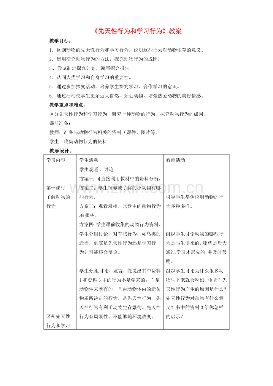 辽宁省开原五中八年级生物《先天性行为和学习行为》教案 .doc_第1页