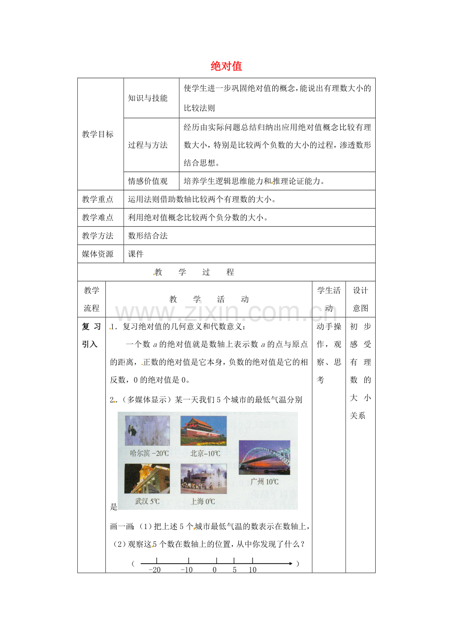 福建省龙岩市长汀县新桥镇七年级数学上册 1.2.4《绝对值（2）》教案 （新版）新人教版-（新版）新人教版初中七年级上册数学教案.doc_第1页