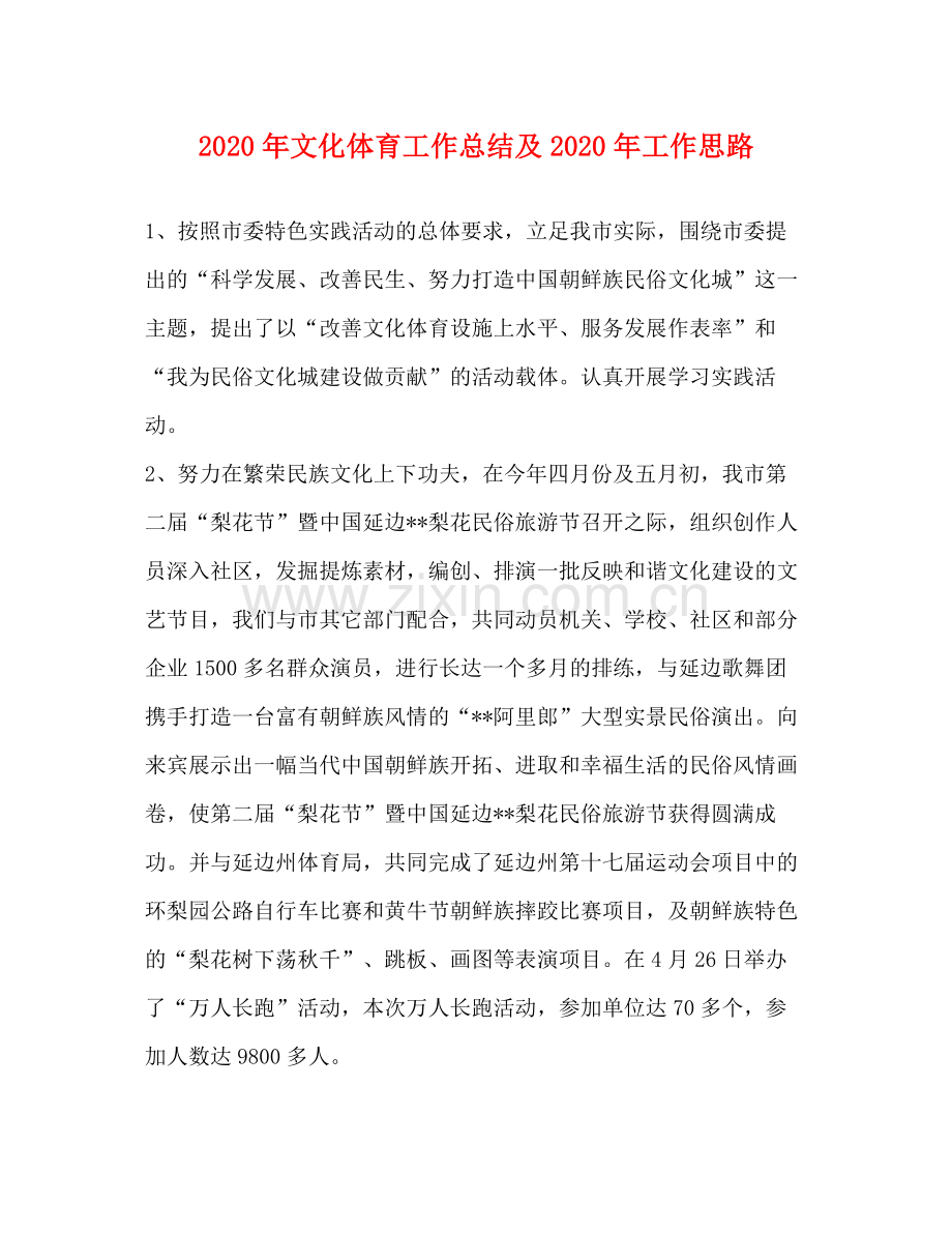 2020年文化体育工作总结及年工作思路.docx_第1页