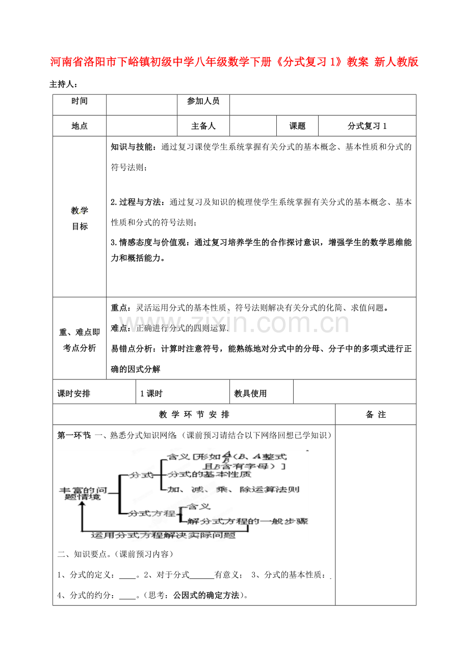 河南省洛阳市下峪镇初级中学八年级数学下册《分式复习》教案1 新人教版.doc_第1页