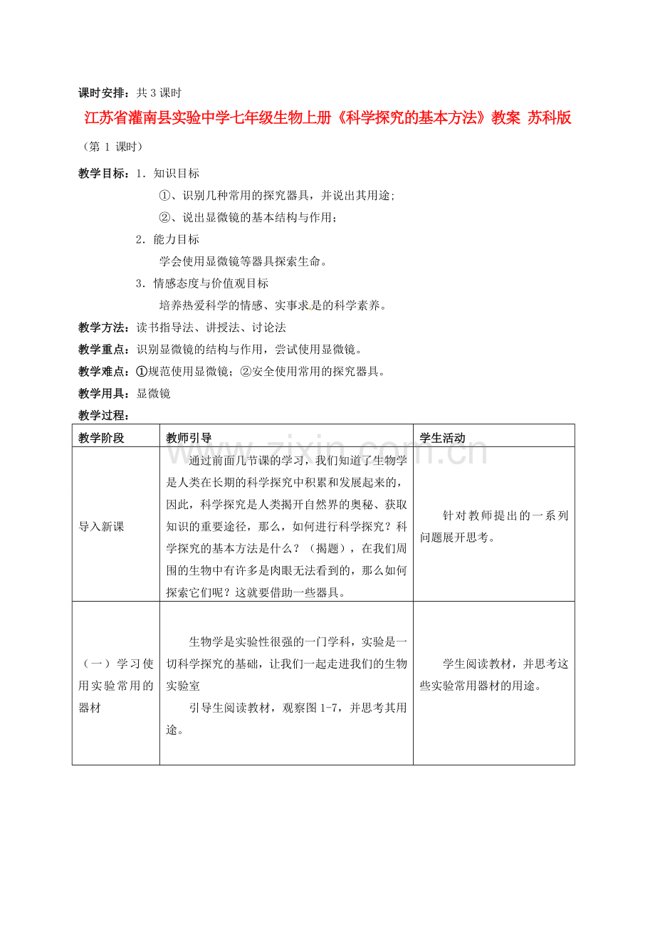 江苏省灌南县实验中学七年级生物上册《科学探究的基本方法》教案 苏科版.doc_第1页