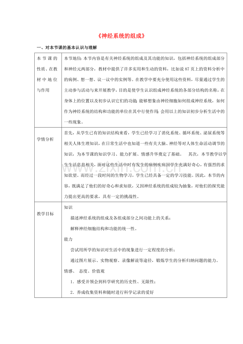 七年级生物下册 4.6.2《神经系统的组成》教学设计 （新版）新人教版-（新版）新人教版初中七年级下册生物教案.doc_第1页