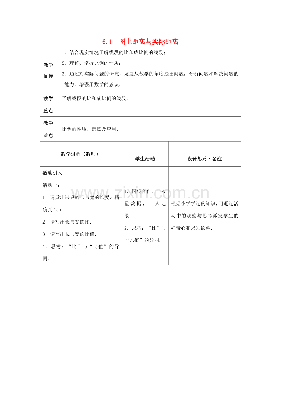 九年级数学下册 第6章 图形的相似 6.1 图上距离与实际距离教案 （新版）苏科版-（新版）苏科版初中九年级下册数学教案.doc_第1页