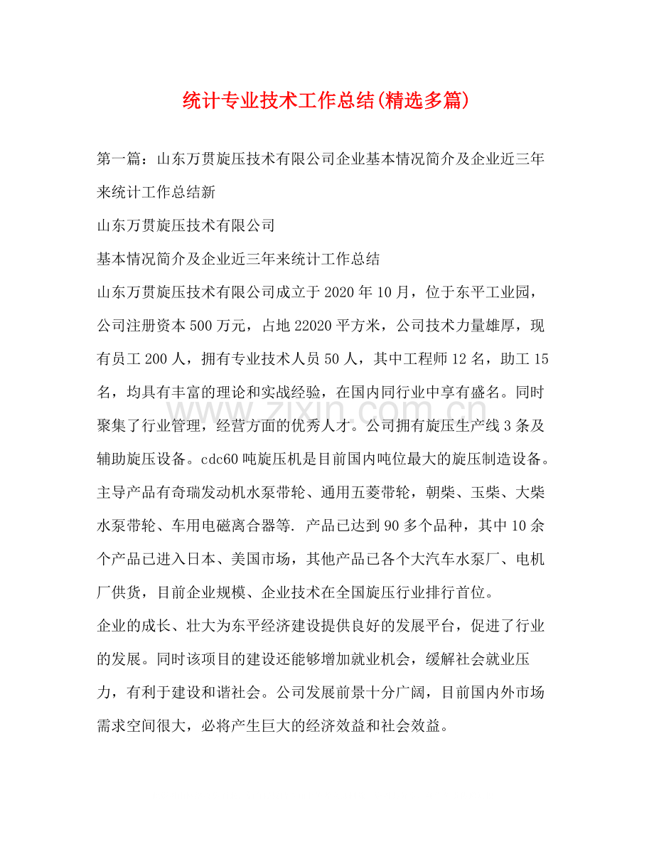 统计专业技术工作总结多篇).docx_第1页