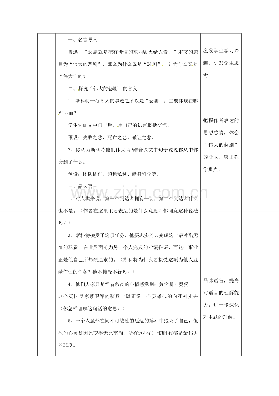 陕西省石泉县七年级语文下册 第六单元 21伟大的悲剧（第2课时）教案 新人教版-新人教版初中七年级下册语文教案.doc_第2页