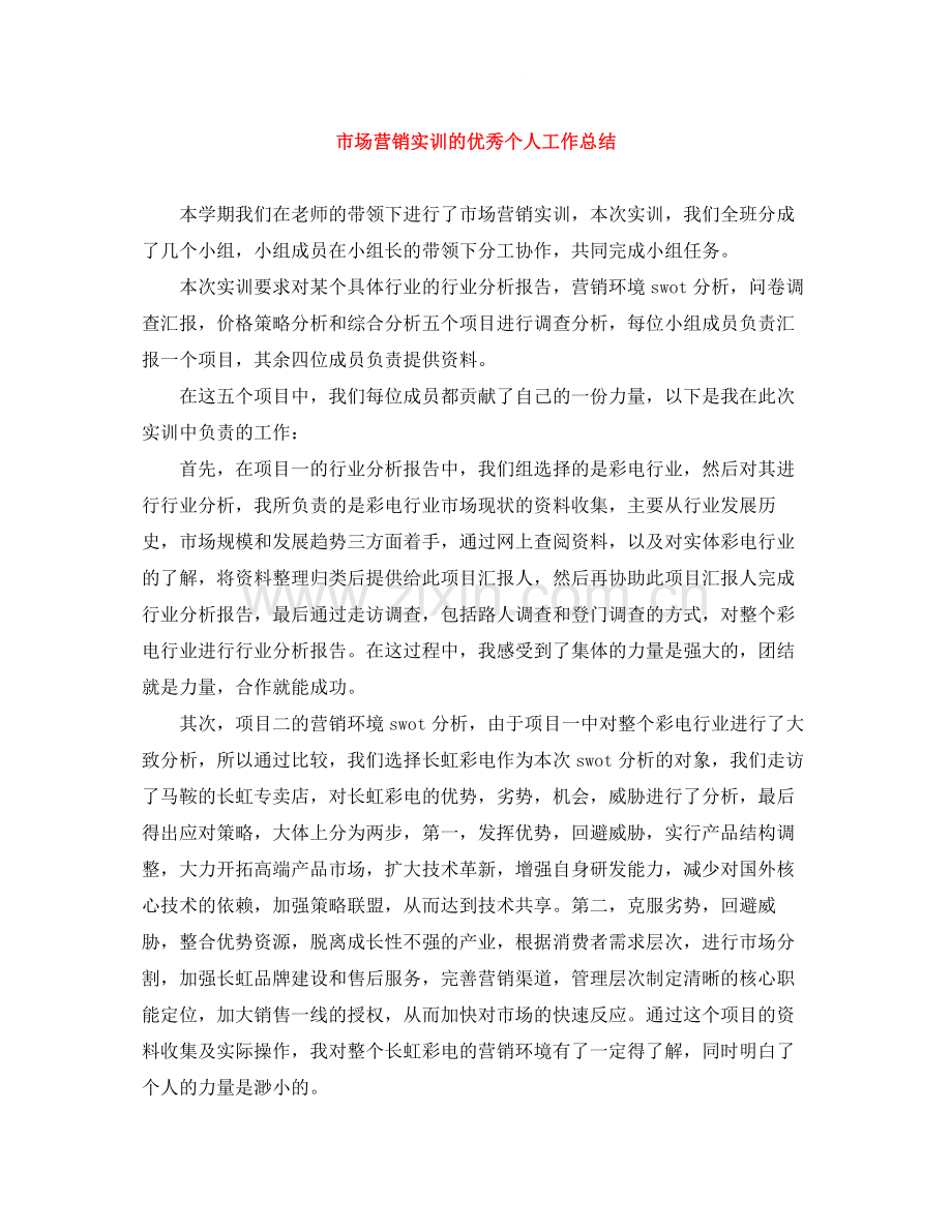 市场营销实训的优秀个人工作总结.docx_第1页
