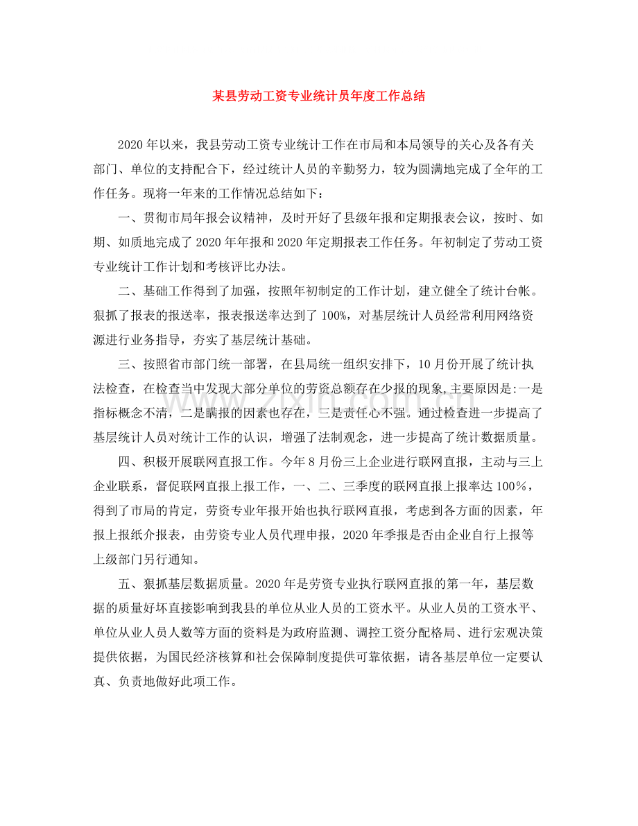 某县劳动工资专业统计员年度工作总结.docx_第1页