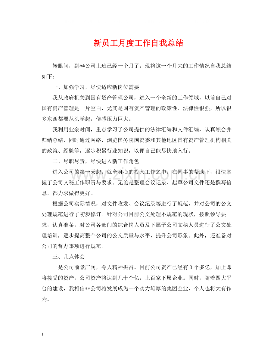 新员工月度工作自我总结.docx_第1页