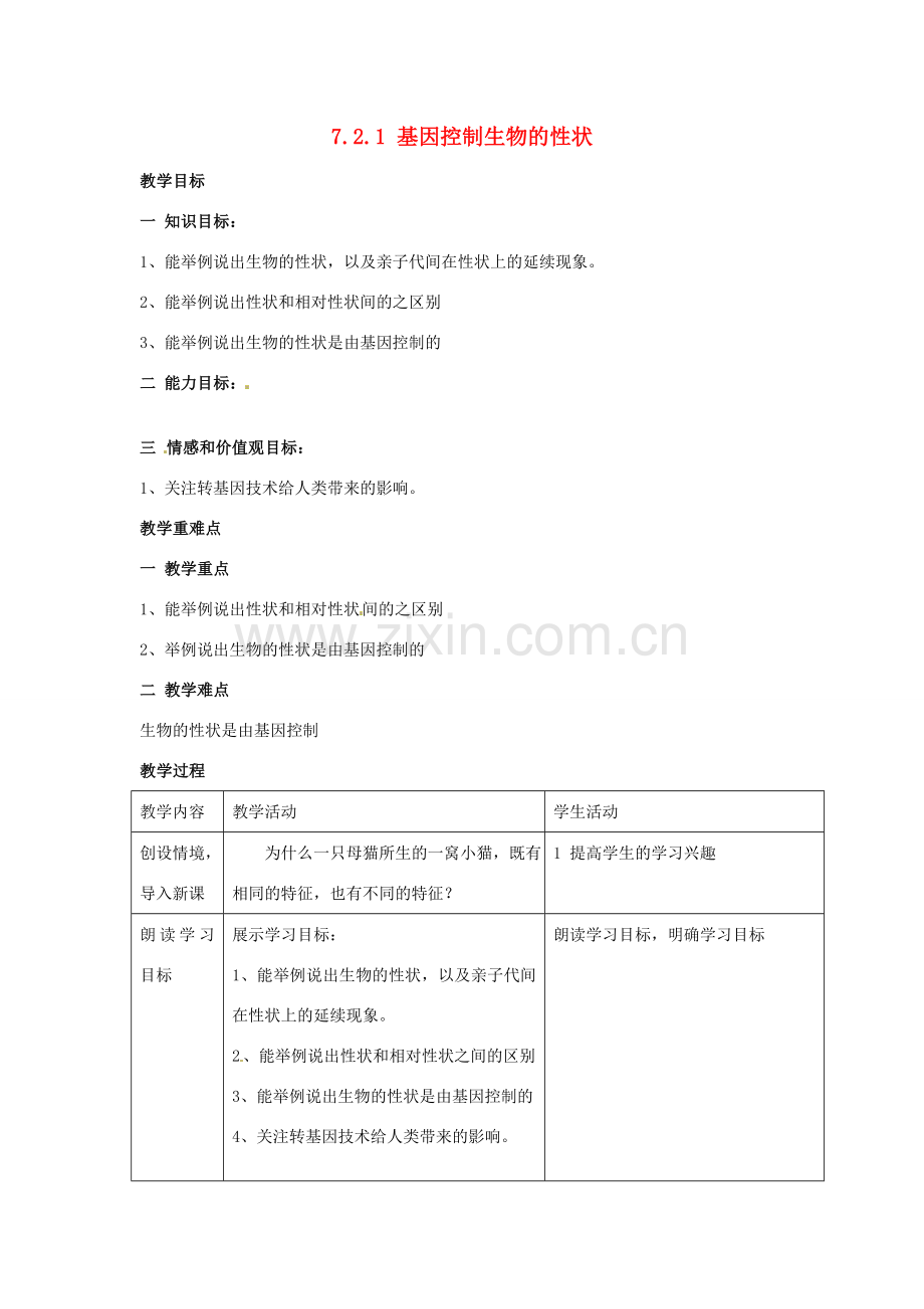湖南省长沙市长郡芙蓉中学八年级生物下册《7.2.1 基因控制生物的性状》教案 新人教版.doc_第1页