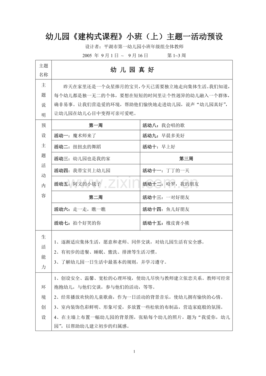 幼儿园建构式课程小班(上)主题一活动预设.doc_第1页