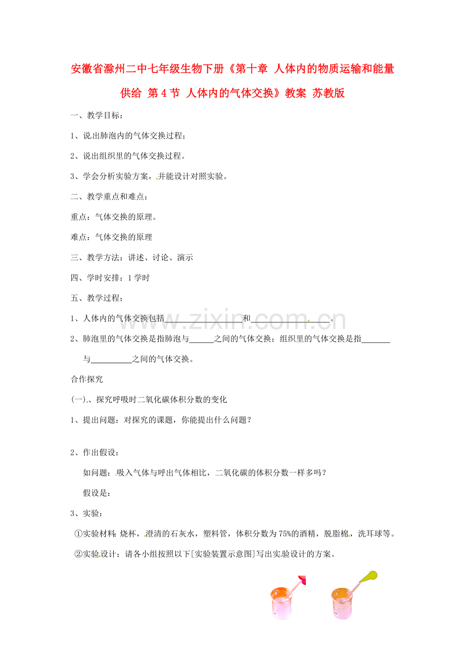 安徽省滁州二中七年级生物下册《第十章 人体内的物质运输和能量供给 第4节 人体内的气体交换》教案 苏教版.doc_第1页