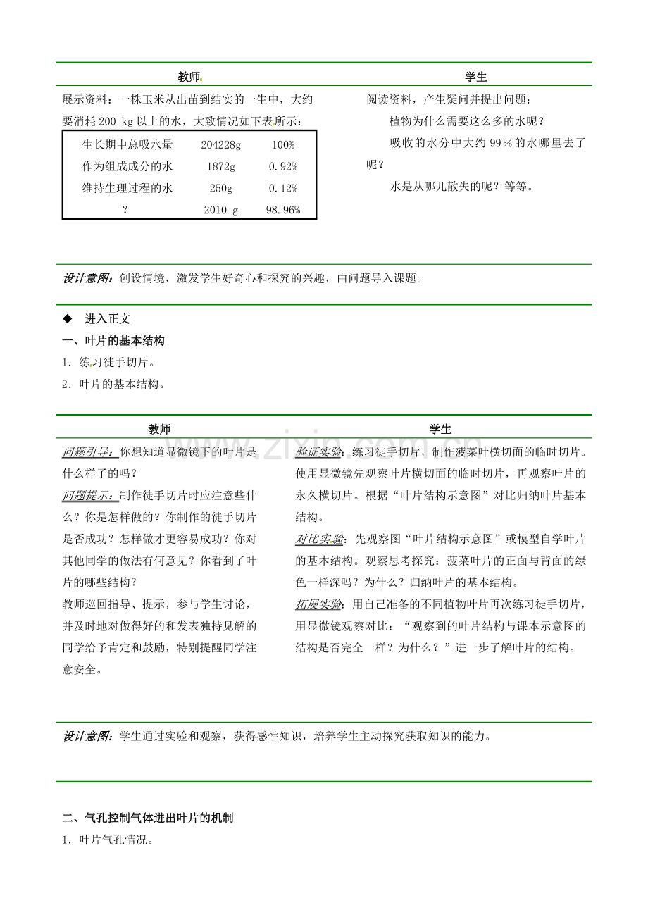 七年级生物上册 第三单元 第三章 第3节 绿色植物参与生物圈的水循环教学设计 （新版）新人教版-（新版）新人教版初中七年级上册生物教案.doc_第2页