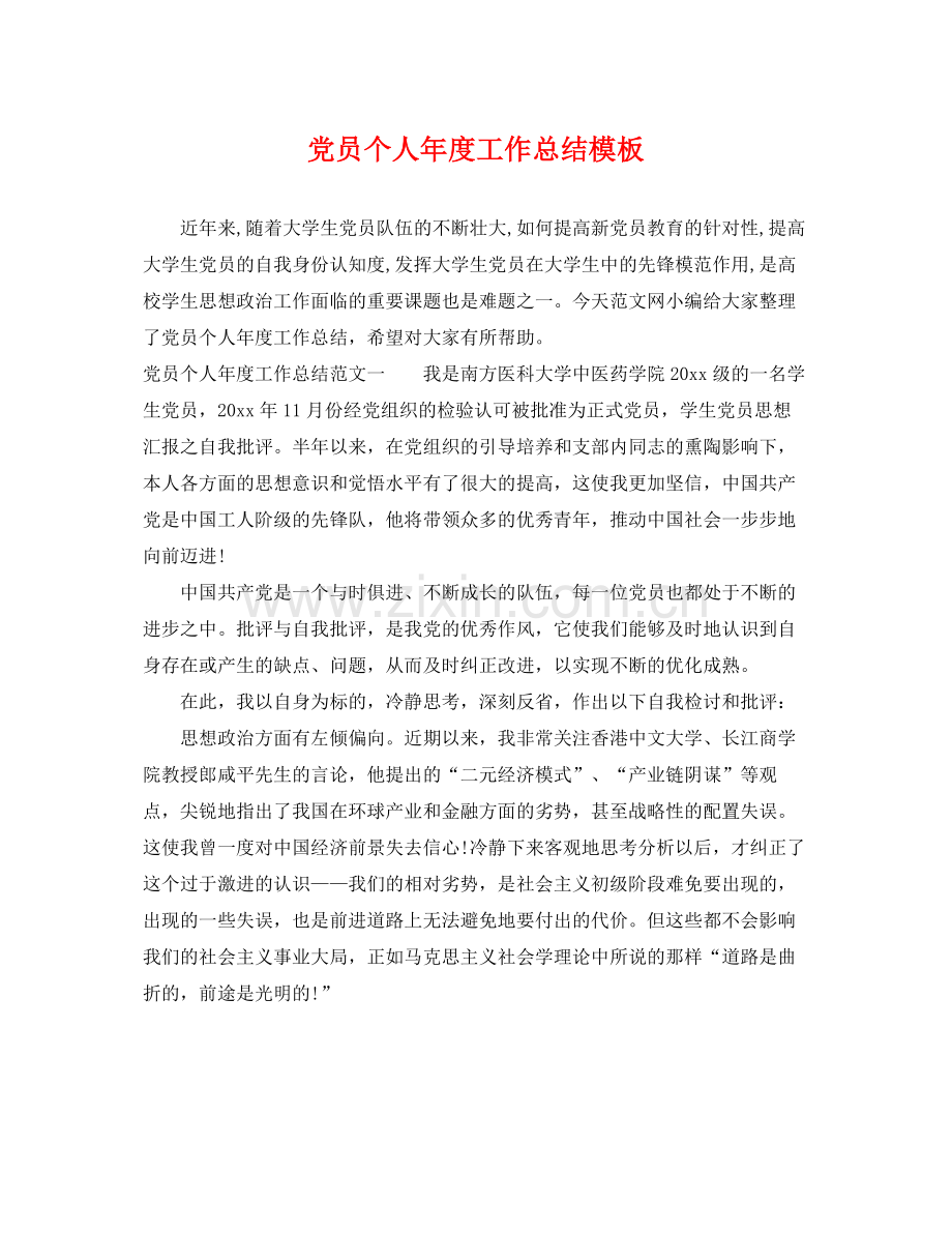 党员个人年度工作总结模板 .docx_第1页