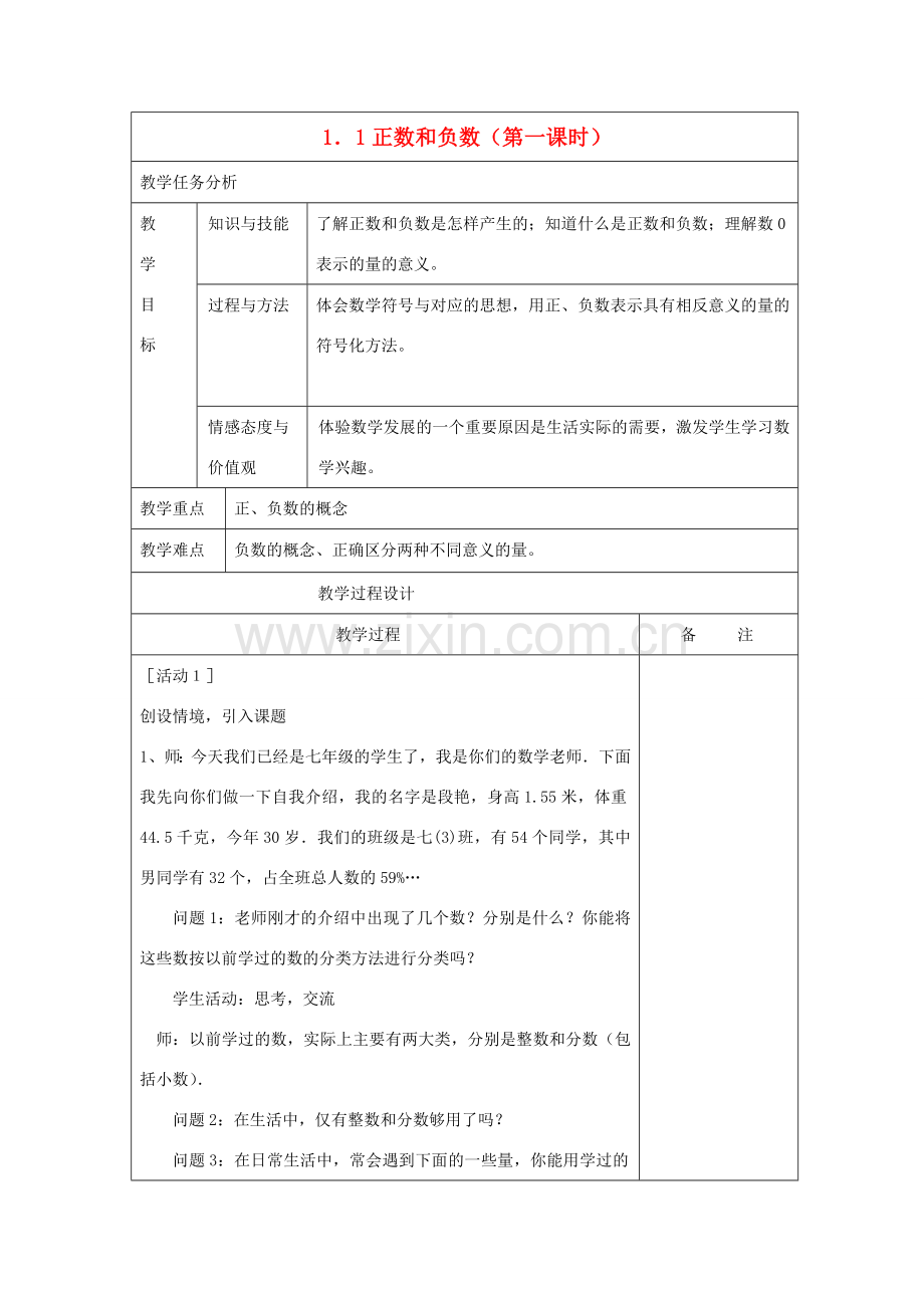 四川省雷波县民族中学七年级数学《第一章有理数》教案.doc_第1页