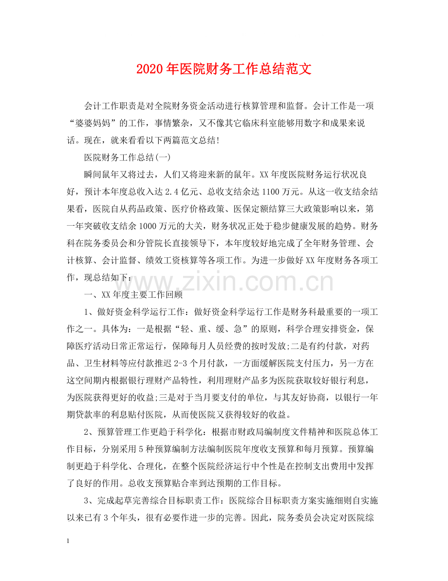 2020年医院财务工作总结范文.docx_第1页