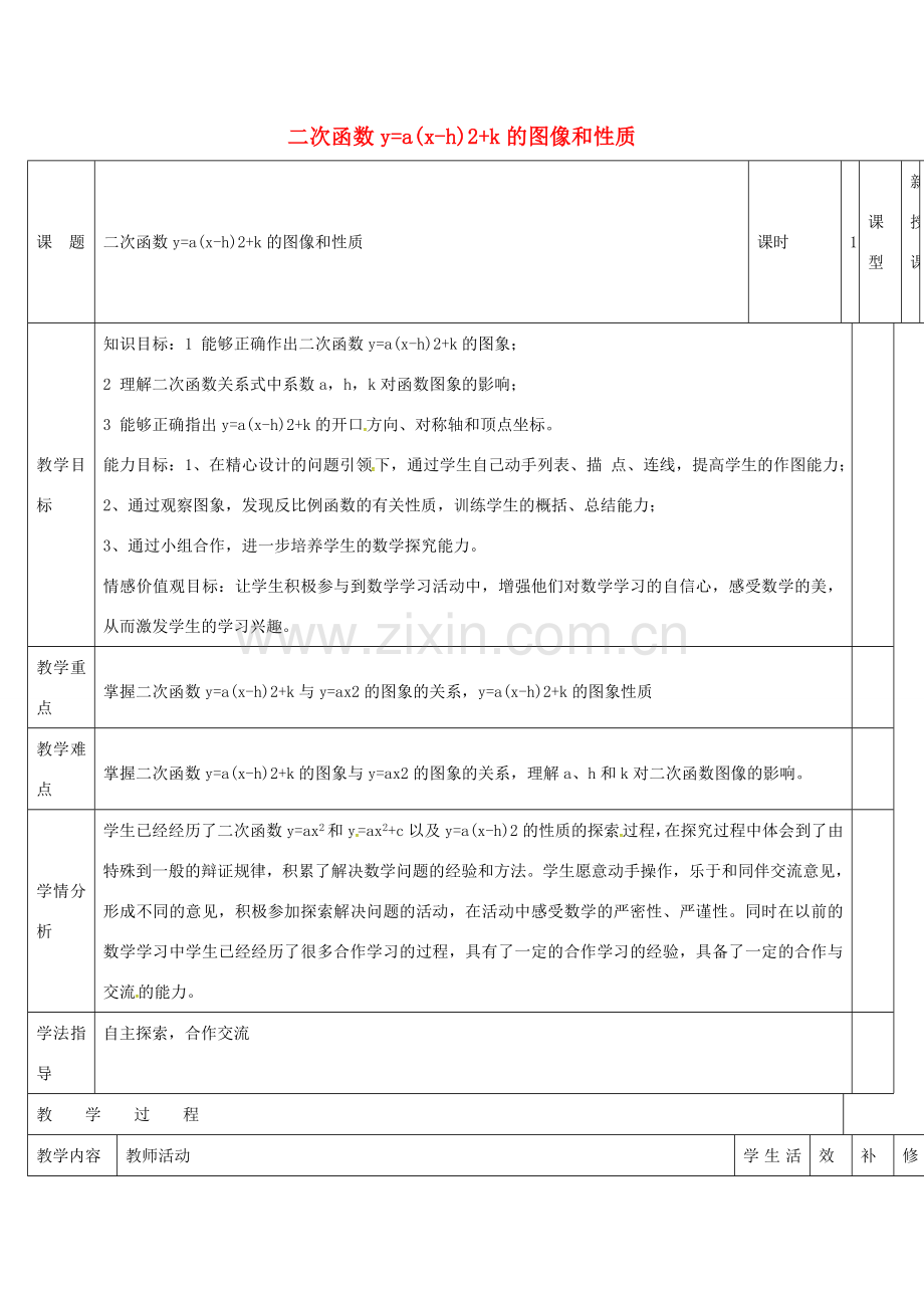 四川省华蓥市明月镇九年级数学上册 22.1.3 二次函数ya(x-h)2k的图象与性质教案 （新版）新人教版-（新版）新人教版初中九年级上册数学教案.doc_第1页