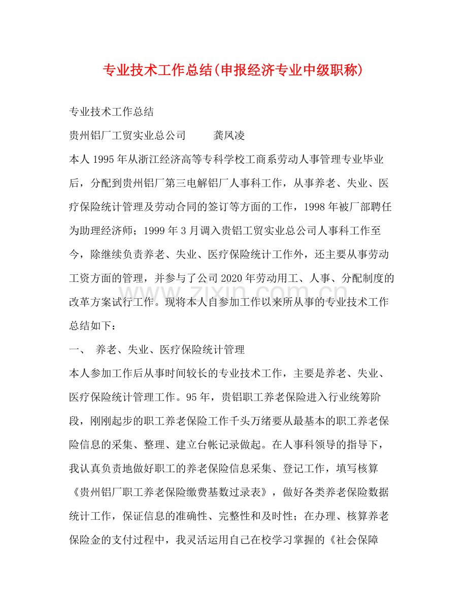 专业技术工作总结申报经济专业中级职称)2).docx_第1页