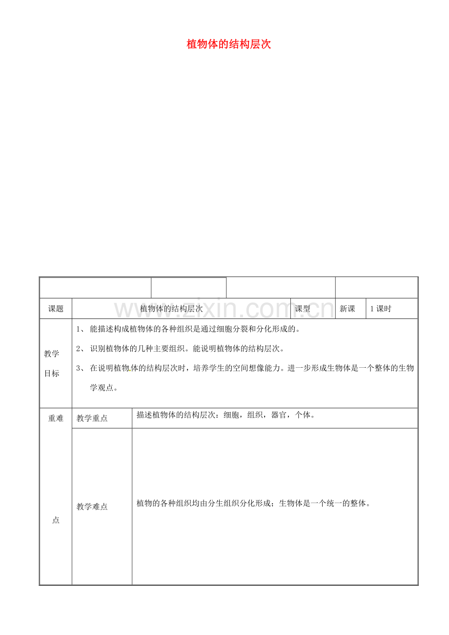 新疆维吾尔自治区七年级生物上册 2.2.3植物体的结构层次教案 （新版）新人教版-（新版）新人教版初中七年级上册生物教案.doc_第1页