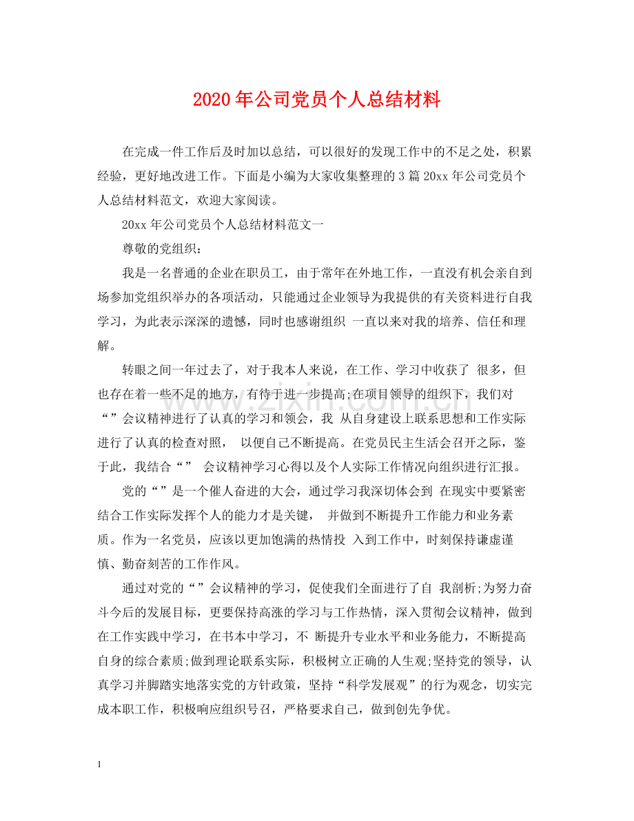 2020年公司党员个人总结材料.docx_第1页