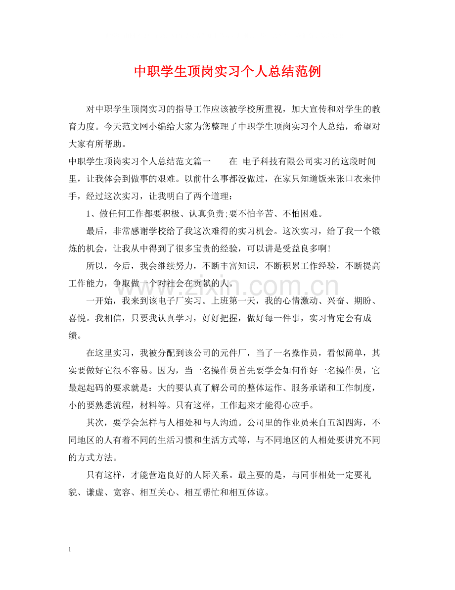 中职学生顶岗实习个人总结范例.docx_第1页