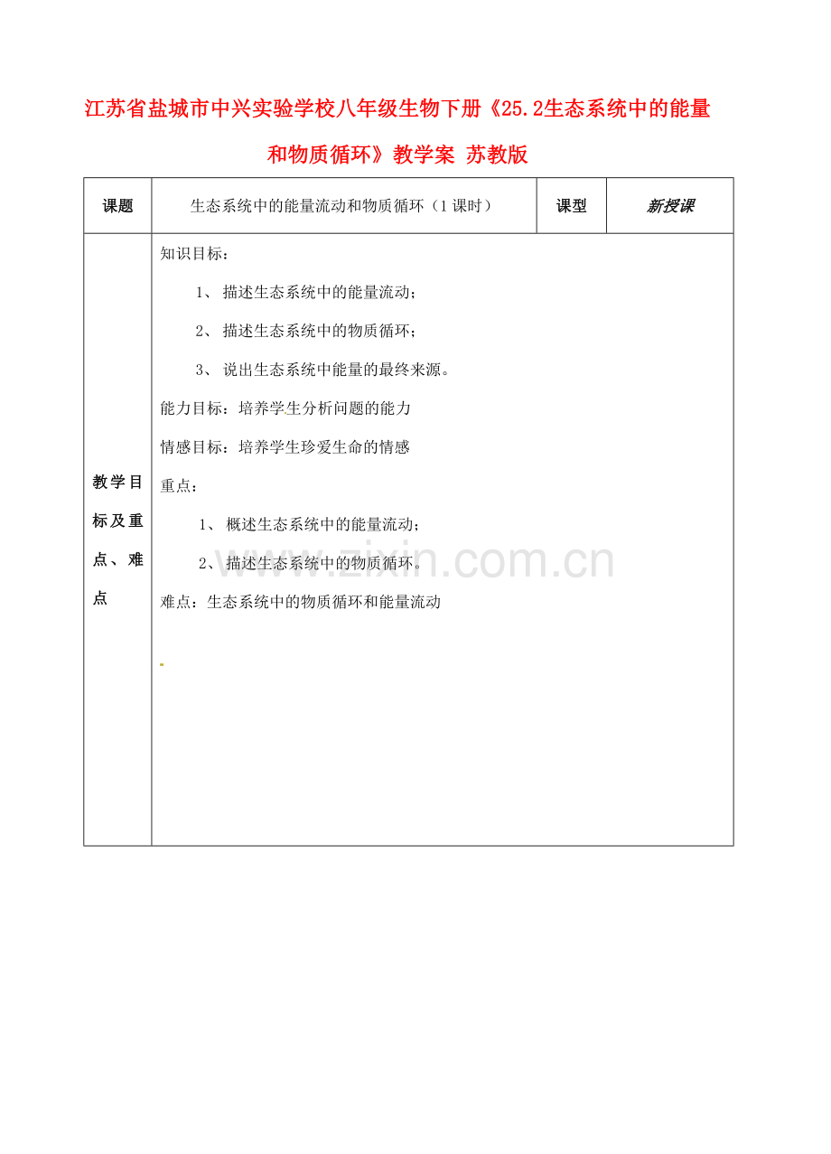 江苏省盐城市中兴实验学校八年级生物下册《25.2 生态系统中的能量和物质循环》教学案 苏教版.doc_第1页
