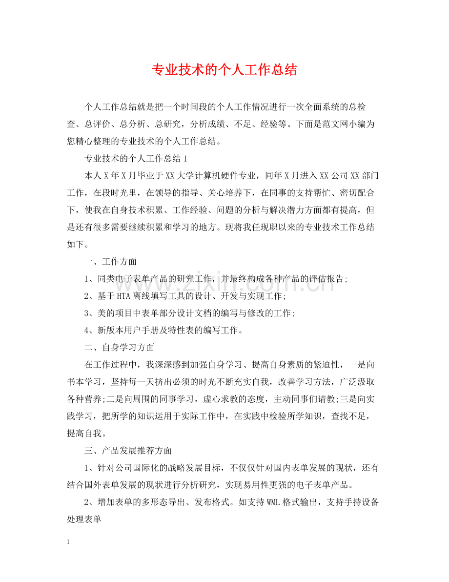 专业技术的个人工作总结.docx_第1页