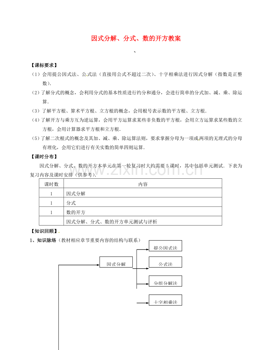 福建省泉州市泉港区三川中学中考数学一轮复习 因式分解、分式、数的开方教案.doc_第1页