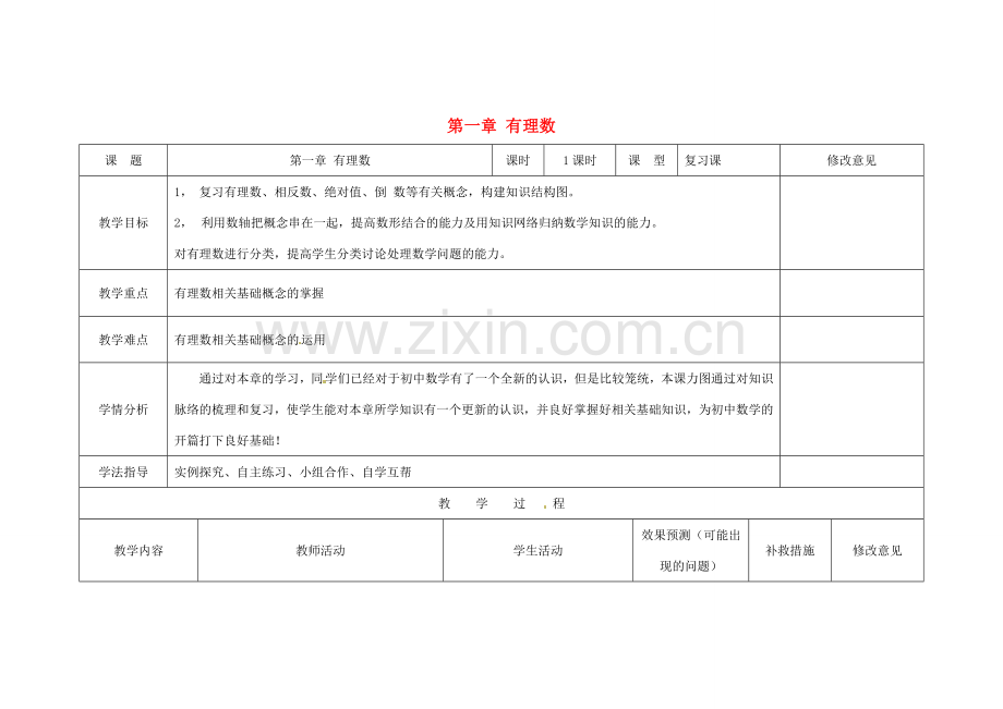 四川省华蓥市明月镇七年级数学上册 第一章 有理数复习与小结教案 （新版）新人教版.doc_第1页