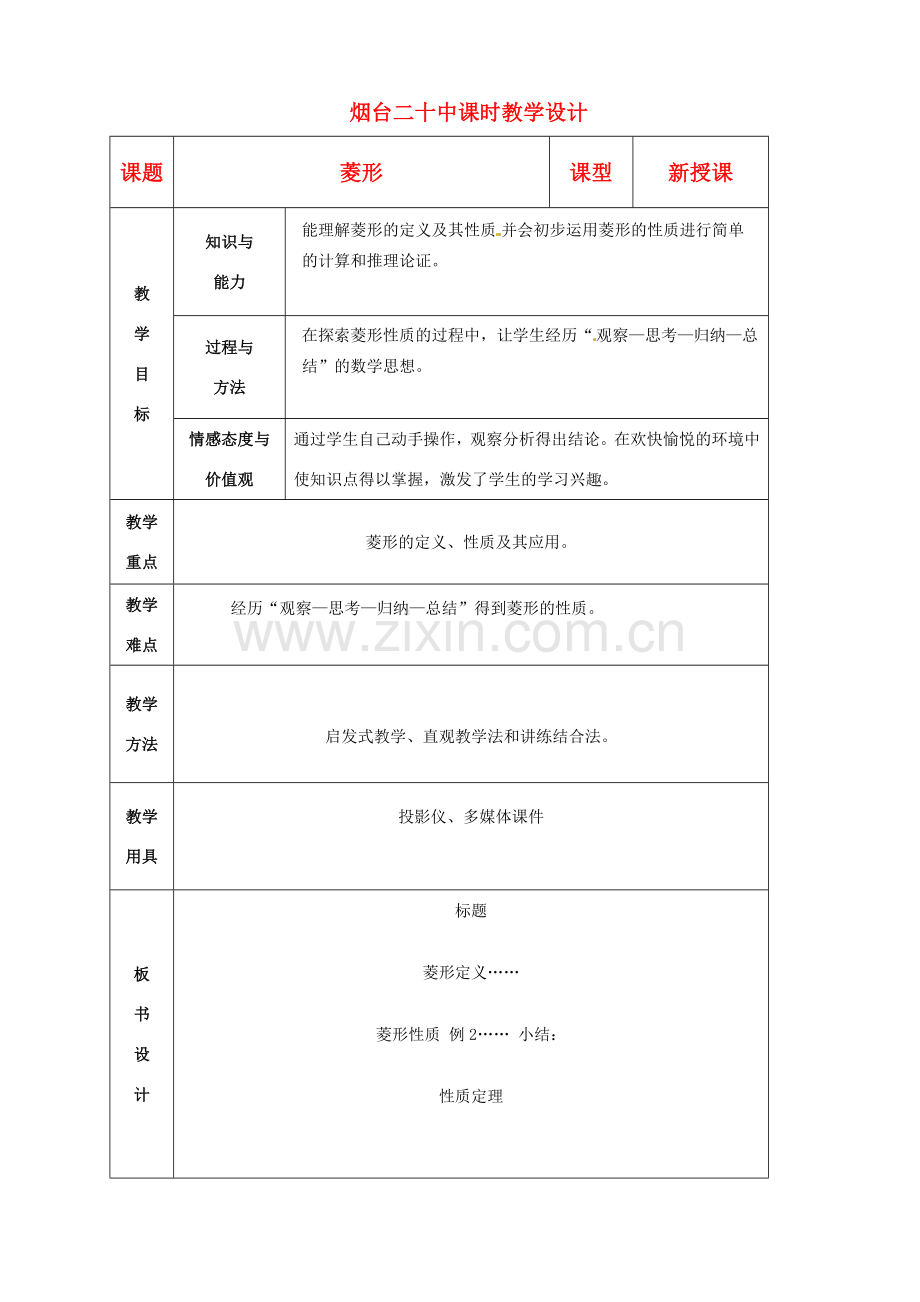 山东省烟台20中八年级数学《菱形》教案.doc_第1页