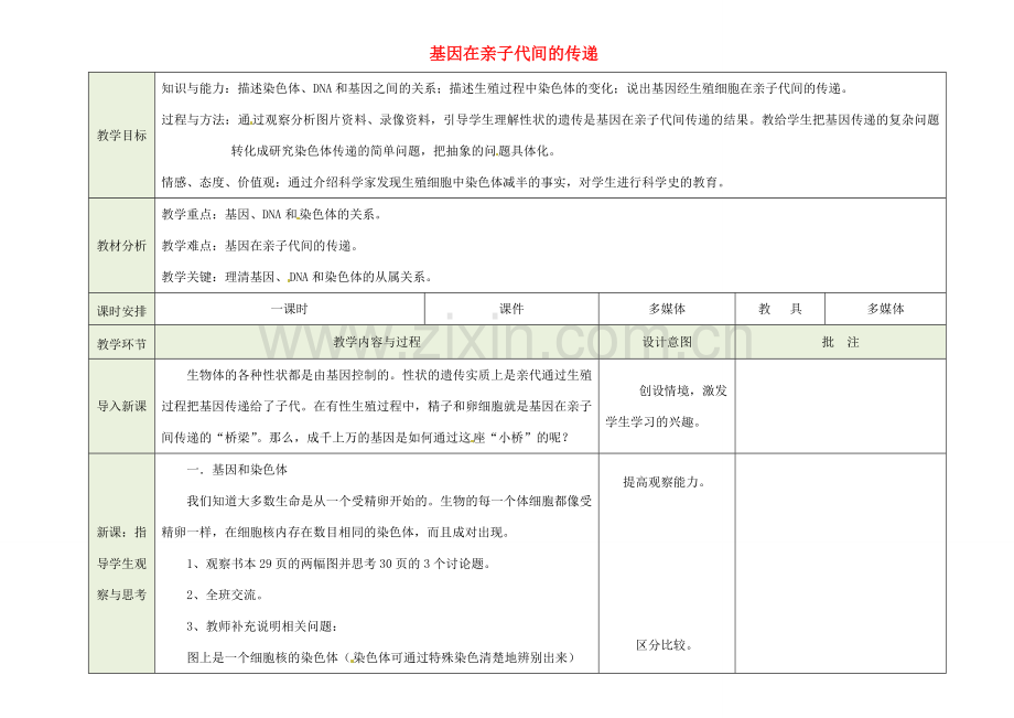 吉林省磐石市三棚中学八年级生物下册《基因在亲子代间的传递》教案 新人教版.doc_第1页