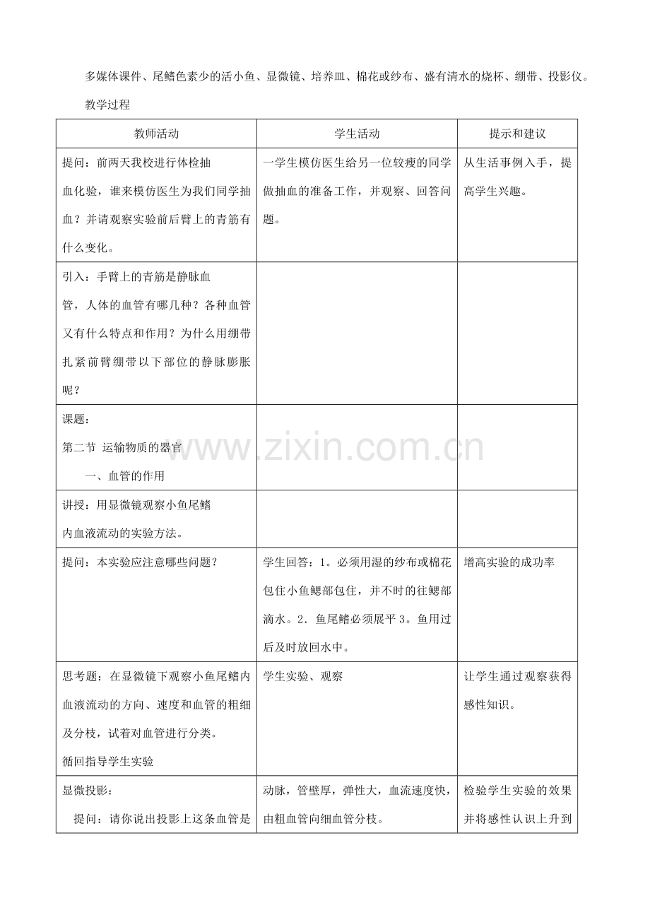 七年级生物下册 2.2《运输物质的器官》第一课时教学设计 冀教版.doc_第2页