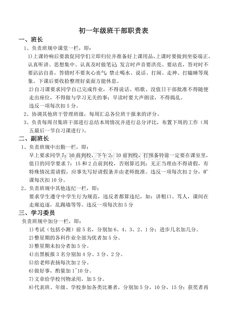初一年级班干部职责表.doc_第1页