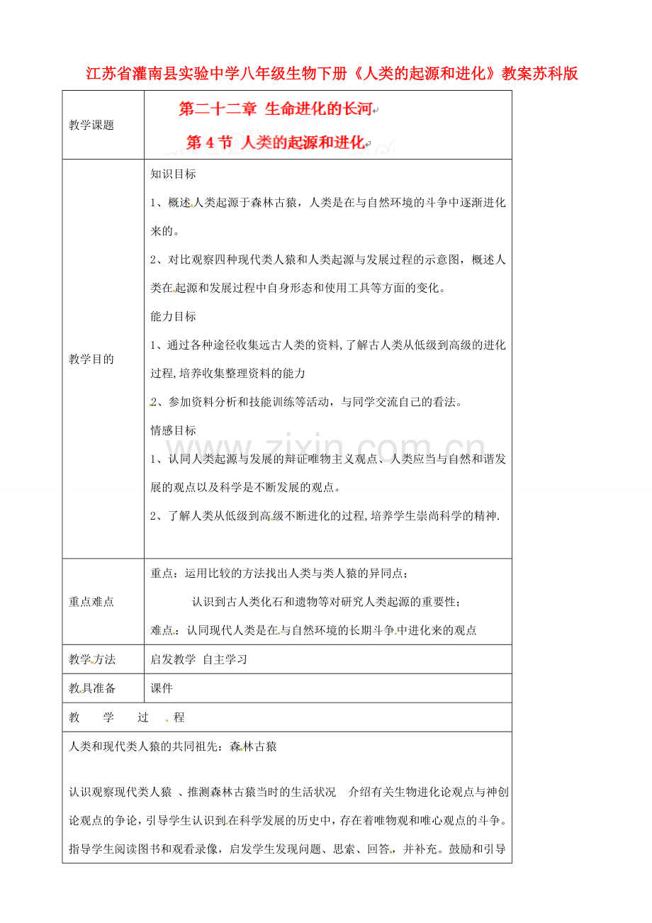 江苏省灌南县实验中学八年级生物下册《人类的起源和进化》教案 苏科版.doc_第1页