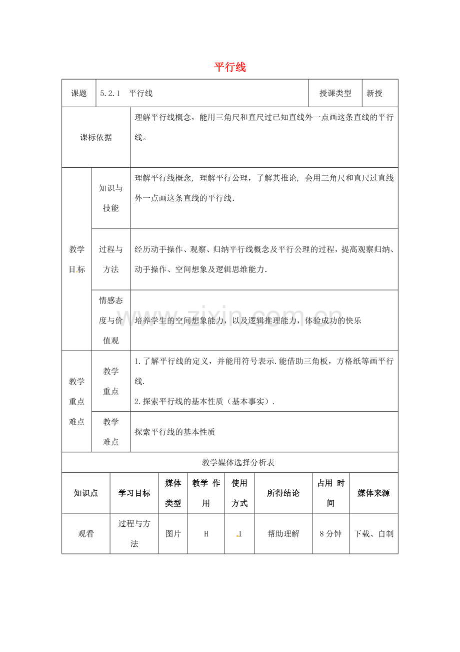 陕西省安康市石泉县池河镇七年级数学下册 5.2 平行线及其判定 5.2.1 平行线教案 （新版）新人教版-（新版）新人教版初中七年级下册数学教案.doc_第1页
