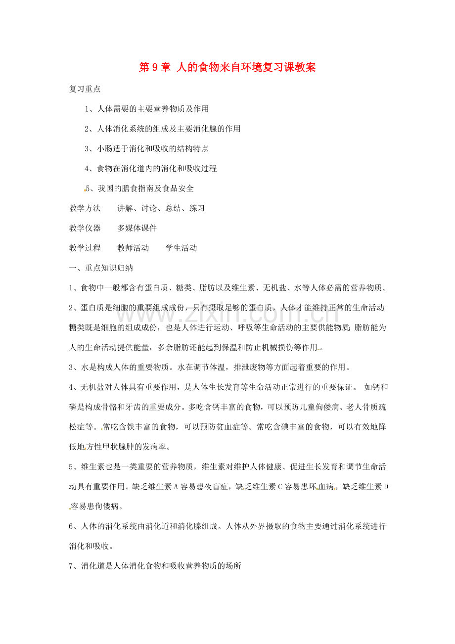 七年级生物下册 第9章人的食物来自环境复习教案 苏教版.doc_第1页