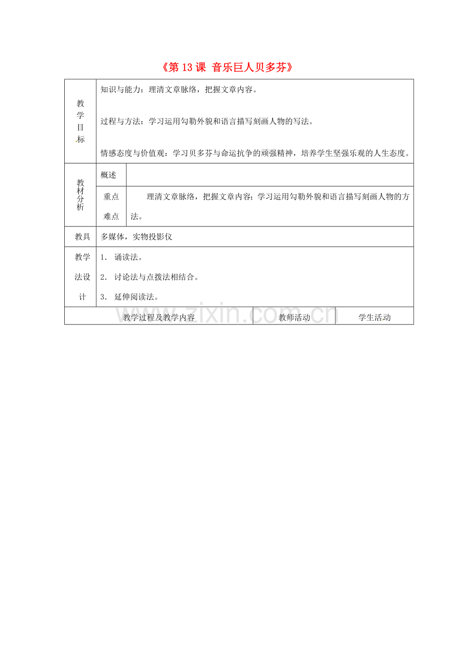 山东省青岛市平度市灰埠镇灰埠中学七年级语文下册《第13课 音乐巨人贝多芬》教案2 新人教版.doc_第1页