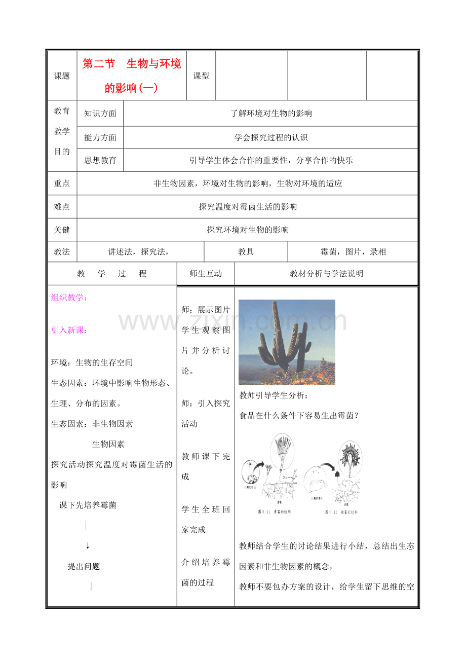 七年级生物上册《生物与环境相互影响》教案1 北师大版.doc_第1页
