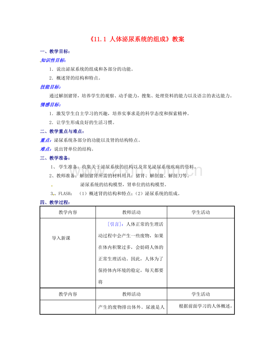 江苏省东台市唐洋镇中学七年级生物下册《11.1 人体泌尿系统的组成》教案 苏教版.doc_第1页